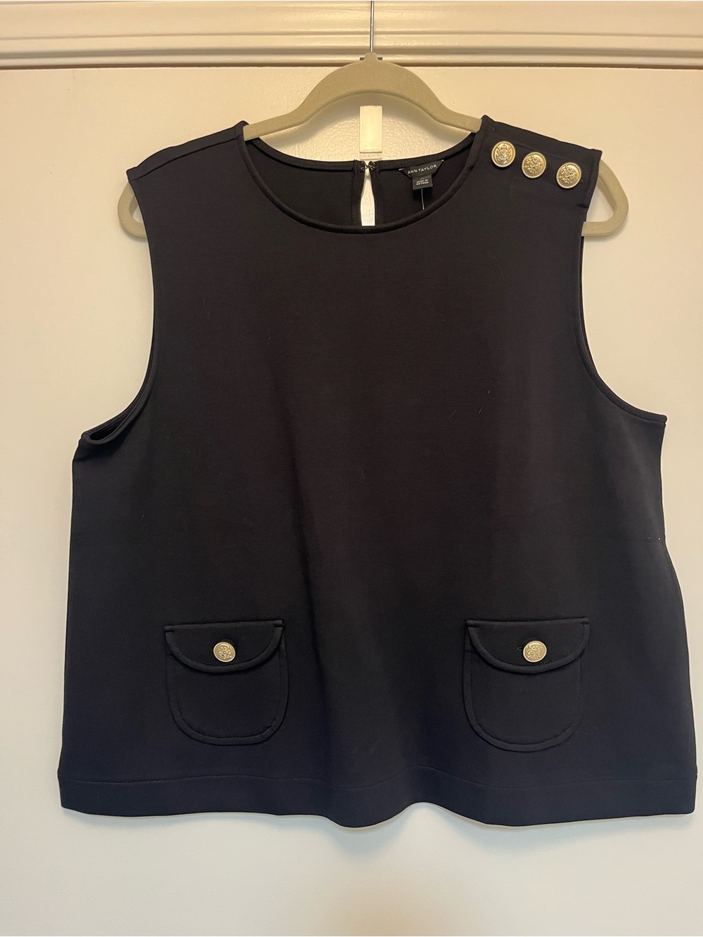 NWT Sleeveless Black Shell with Gold Button Detail
